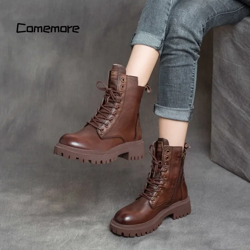 Comemore Boots Fashion Goth Shoe Woman Casual Autumn Leather Female Ankle Boot Platform Women\'s Footwear Women Shoes for Winter