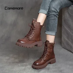 Comemore-Bottes gothiques en cuir pour femmes, chaussures décontractées, botte de rinçage, chaussures à plateforme, mode féminine, automne et hiver