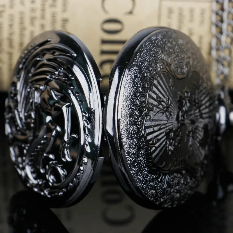 黒三頭彫刻クォーツ懐中時計ゲームテーマ男性女性ネックレスペンダント時計女性男性ギフト