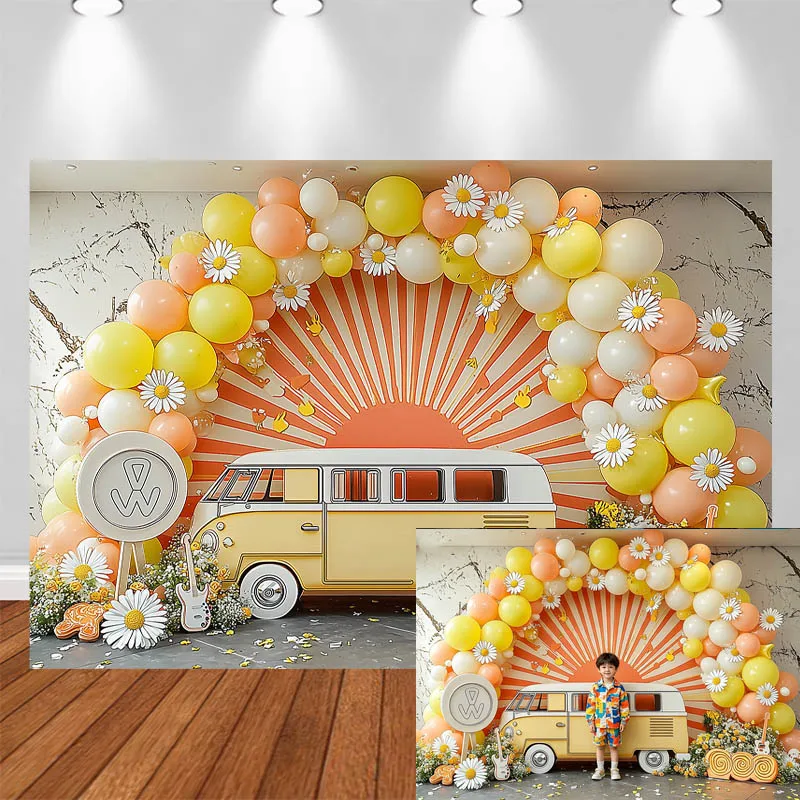 LS Photography Background Yellow Balloon Arch Daisy Decor Baby Shower Cake Smash Birthday Kids Portrait Photo Backdrop Studio
