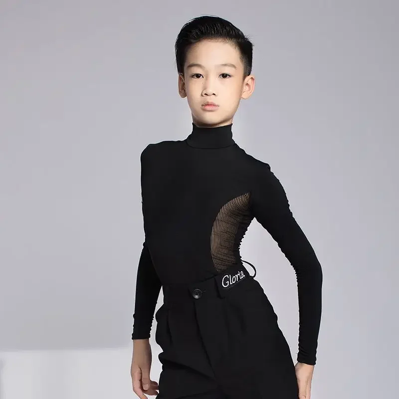 New Kids Boy Latin Dance Costumes Long Sleeve Stage Performance Clothes Long Black Pants Suit Cha Cha Samba Rumba Wear Shirt