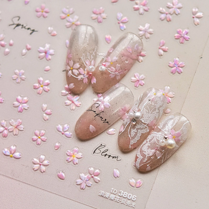 Sweet Pink Shiny Sakura Flower Wreath Delicate Daisy Dressy Rhinestones Self Adhesive Nail Art Decoration Sticker Manicure Decal