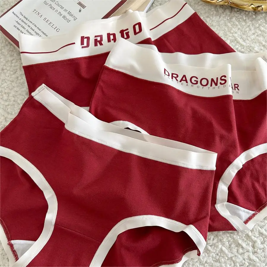 Cherry Red Class A Cotton 5A Antibacterial Dragon  New Year Mid Waist Panties Women's Briefs Sporty Style