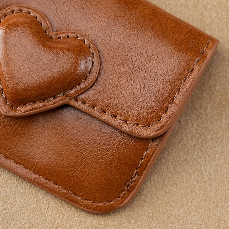 Vintage Heart Shape Card Holder With Keychain, Women Retro PU Leather Mini Wallet, Multi Card Slots Coin Purse