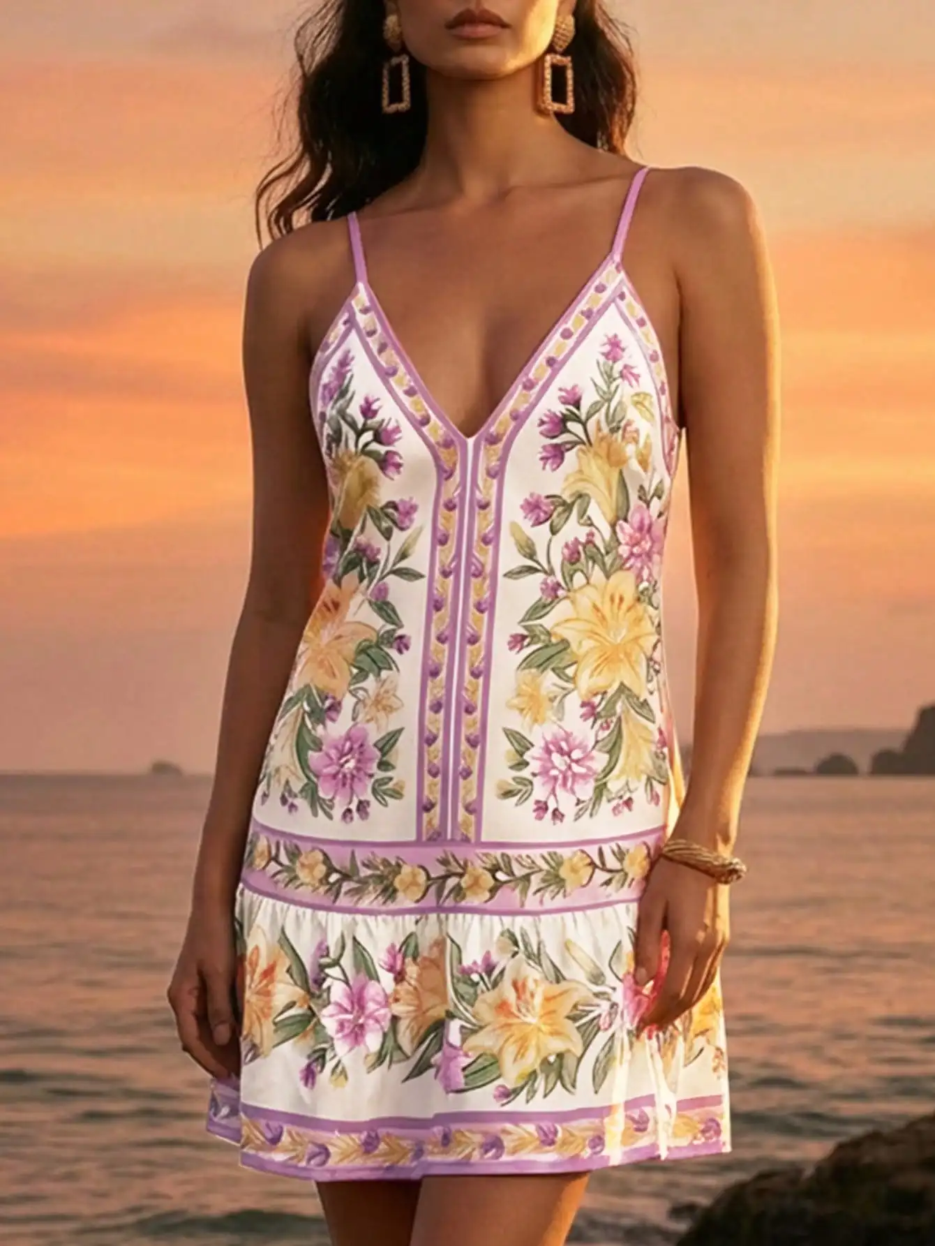 

Женское мини-платье с цветочным принтом, V-образным вырезом, на тонких бретелях и с рюшами по низу