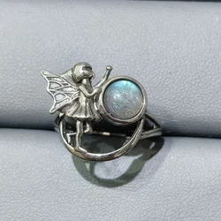100% natural moonstone Gemstone labradoritec Retro style Ring Women's men adjustable copper silver plated ring Party Jewelry