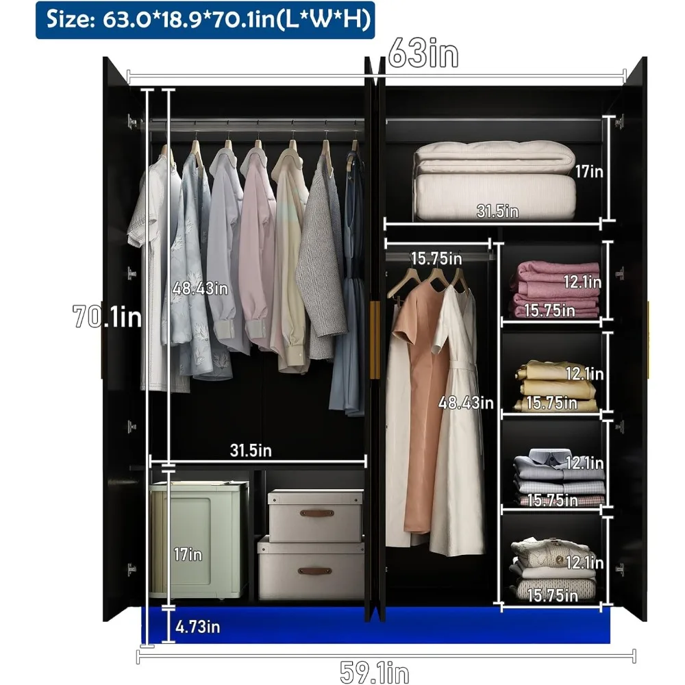 70in Wardrobe  LED 4 Doors Armoires Closet&Cabinet with Metal Hanging Rod,Bedroom Black Tall Armoires with  60000-color Lights