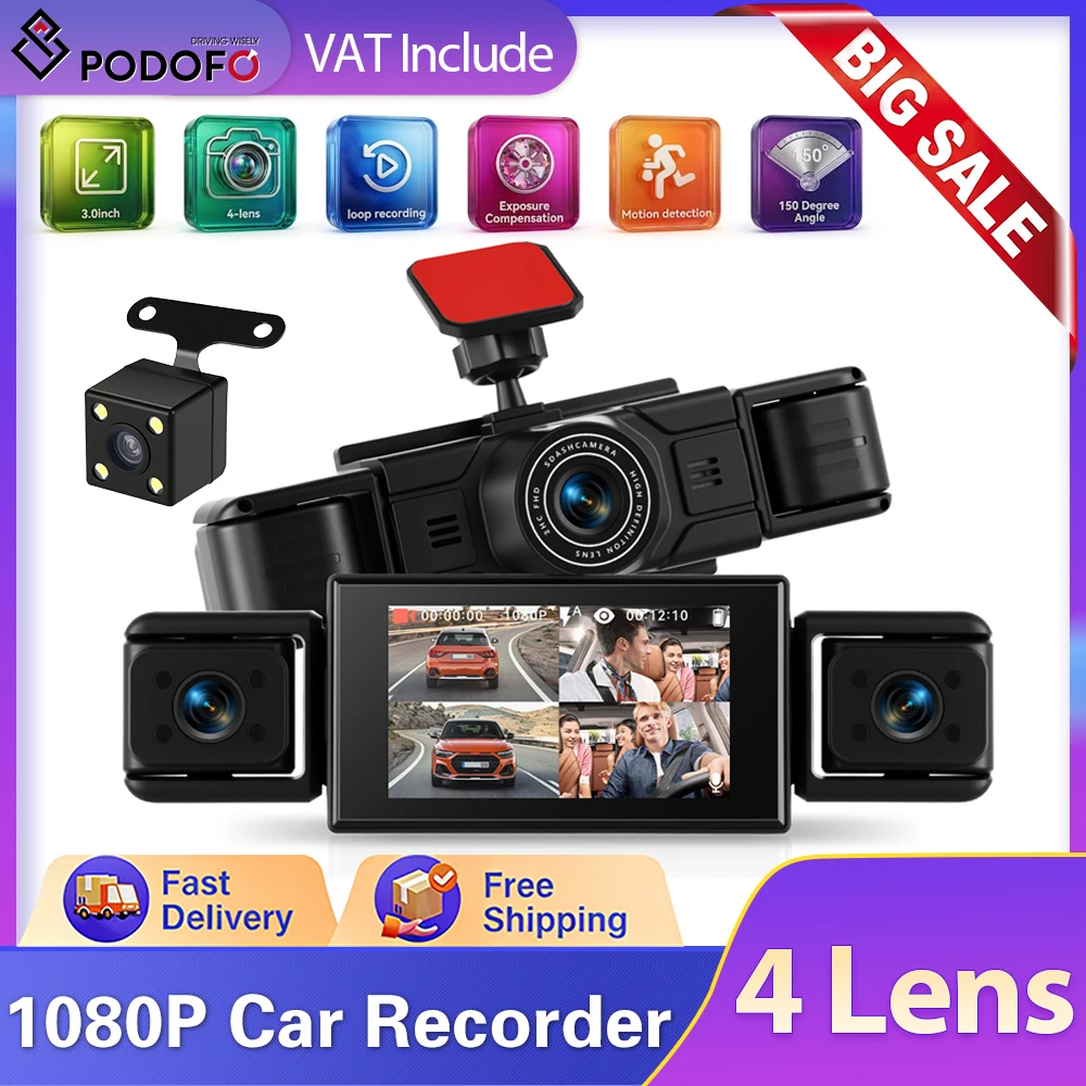 Cámara para Auto Podofo de 3 Pulgadas 1080P IPS, Grabadora de Video para Vehículo, DVR, Cámara Frontal, Lateral Izquierda, Lateral Derecha y Trasera, Caja Negra, Visión Nocturna