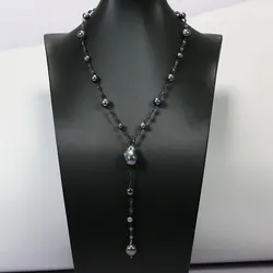 GG Freshwater Cultured Black Keshi Pearl Round Pearl Gunmetal Gold Plated CZ Chain Necklace Pendant Simple Lady Gifts