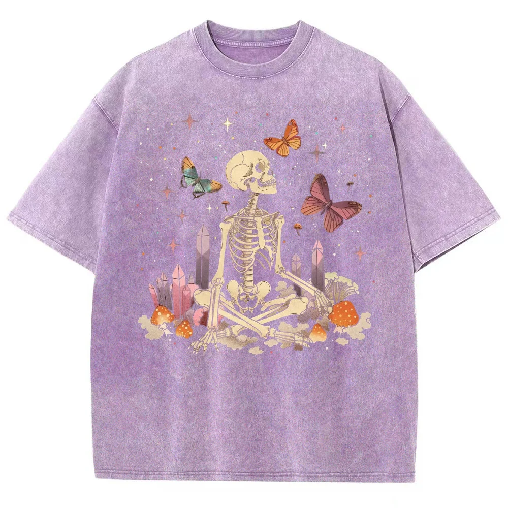 Unisex Vintage Washed T‑Shirt Meditation Skeleton Graphic T‑Shirt Retro Gothic Aesthetic Short Sleeve Loose Casual Tee