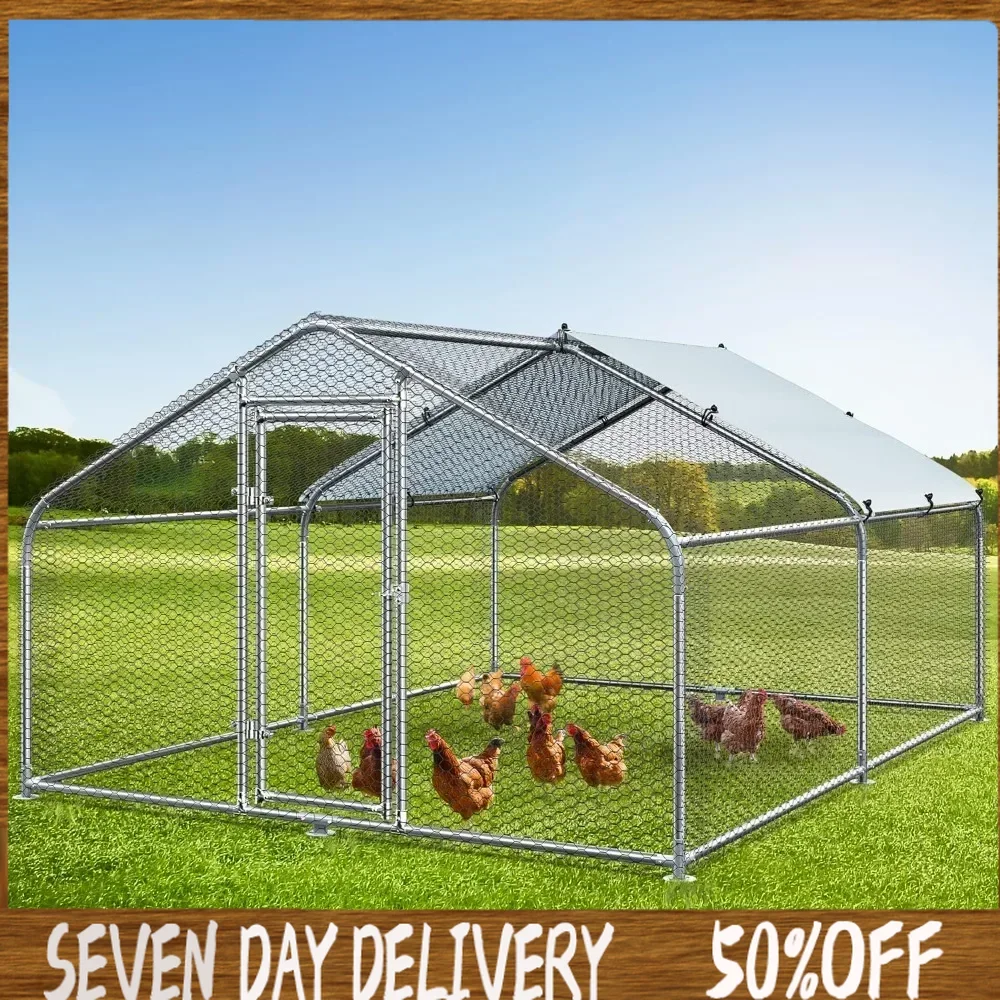 

Large Metal Chicken Coop with Waterproof Cover,13.12'L X 9.84'W X 6.49H Walk-in Poultry Cage with Run,Chicken Hen Run Duck House