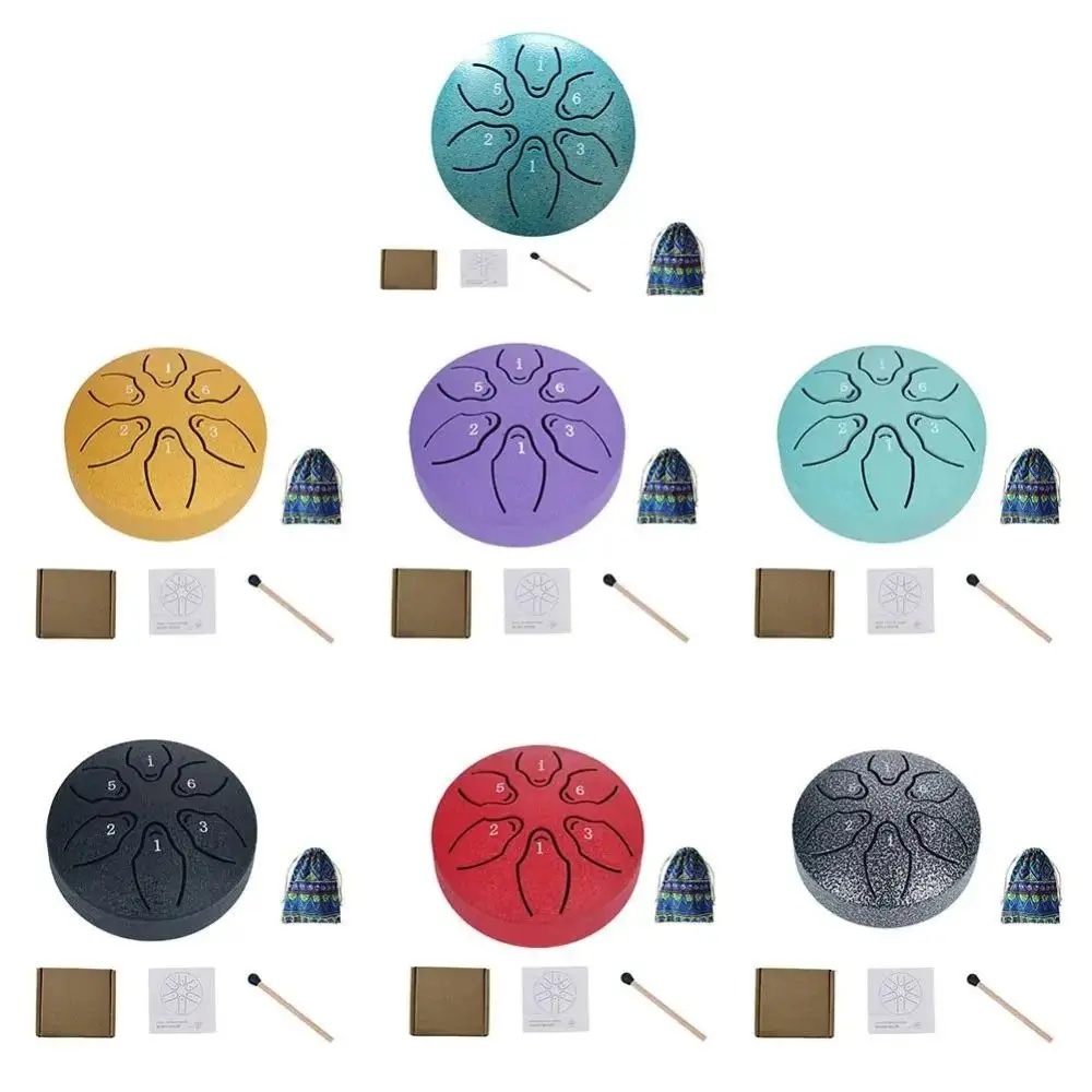 

6-Tone Steel Tongue Drum Set Multicolour 3 Inch Mini Hand Pan Drums Portable Storage Bag Meditation Drum Camping