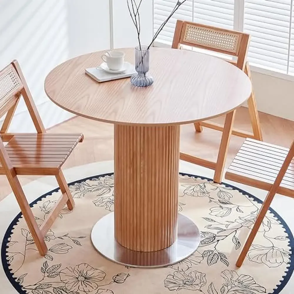 Modern Round Wood Dining Table Stainless Steel Base Small Space Kitchen Cafe Office 34.25