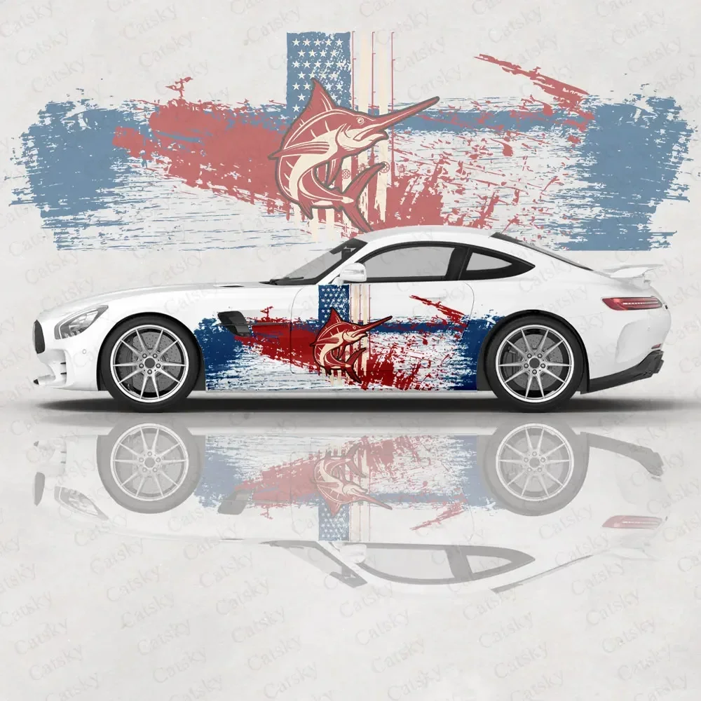 

Американский флаг с принтом рыбы, наклейка на автомобиль, наклейка на капот, дверь, кузов, виниловая наклейка, графическая пленка, новая автомобильная наклейка, украшения, аксессуары