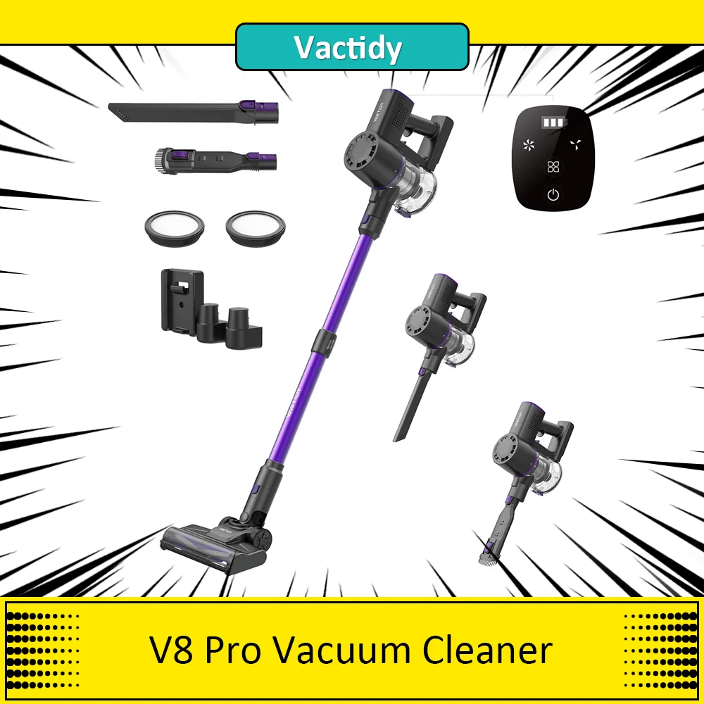 Vactidy V8 Pro Cordless Vacuum Cleaner, 25kPa Powerful Suction, Cyclonic Filtration System, 500ml Dust Cup, LED Touch Display