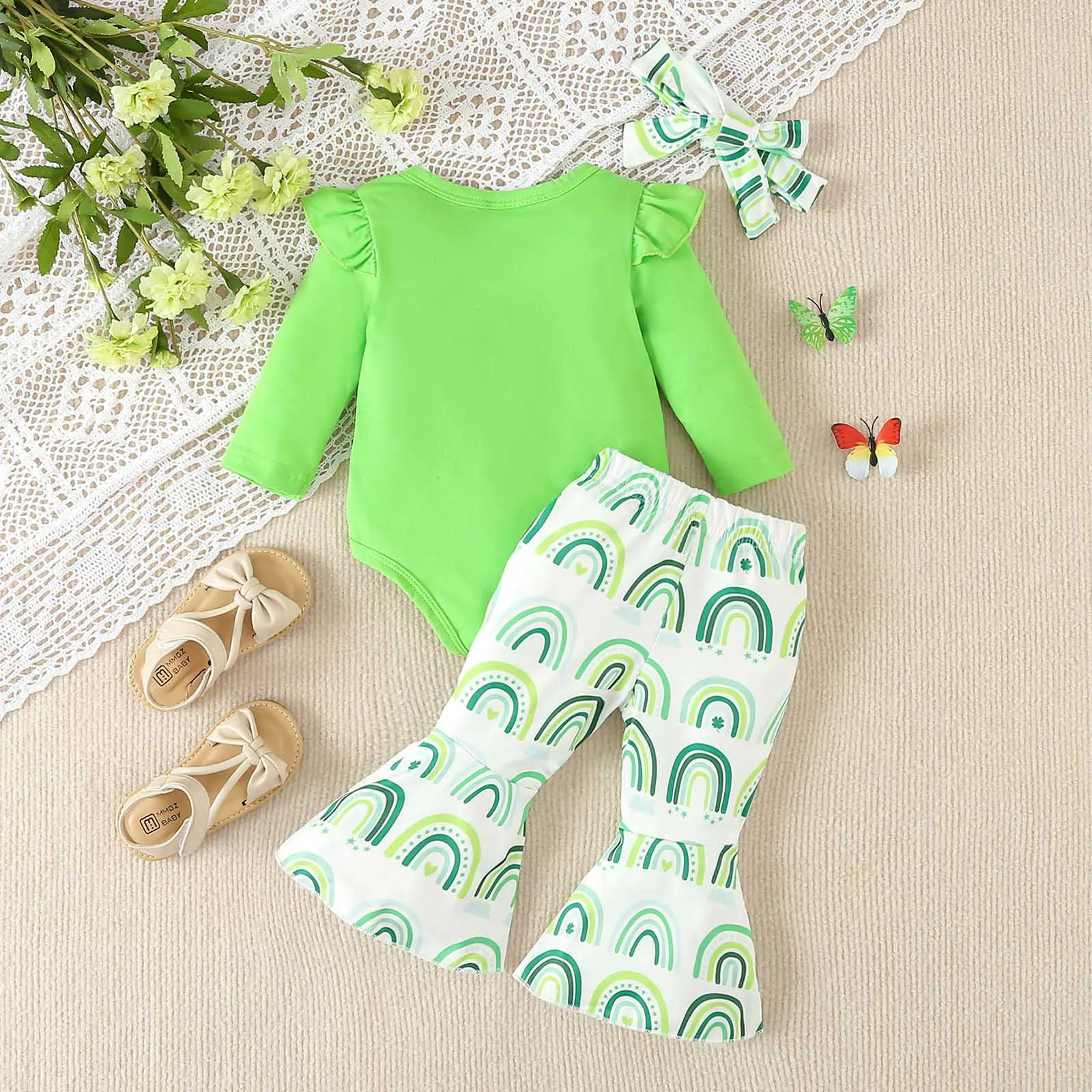 Infant Baby Girls Irish Day Bell-Bottom Outfit St.Patric.k's Day Long Sleeve Rompers Flared Pant Headband 3Pcs Newborn Clothes