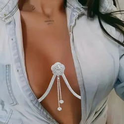 Stonefans Flower Pendant Rhinestone Chest Support Body Chain Accessory Sexy Double Layer Tassel Bra Chain Brace Body Jewelry