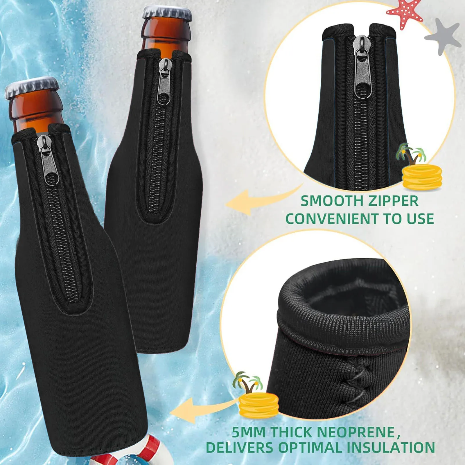 4 Pack Beer Bottle Insulator Sleeve Thick Neoprene Beer Bottle Sleeve Zip Up Bottle Jacket Black Beer Bottle Sleeve