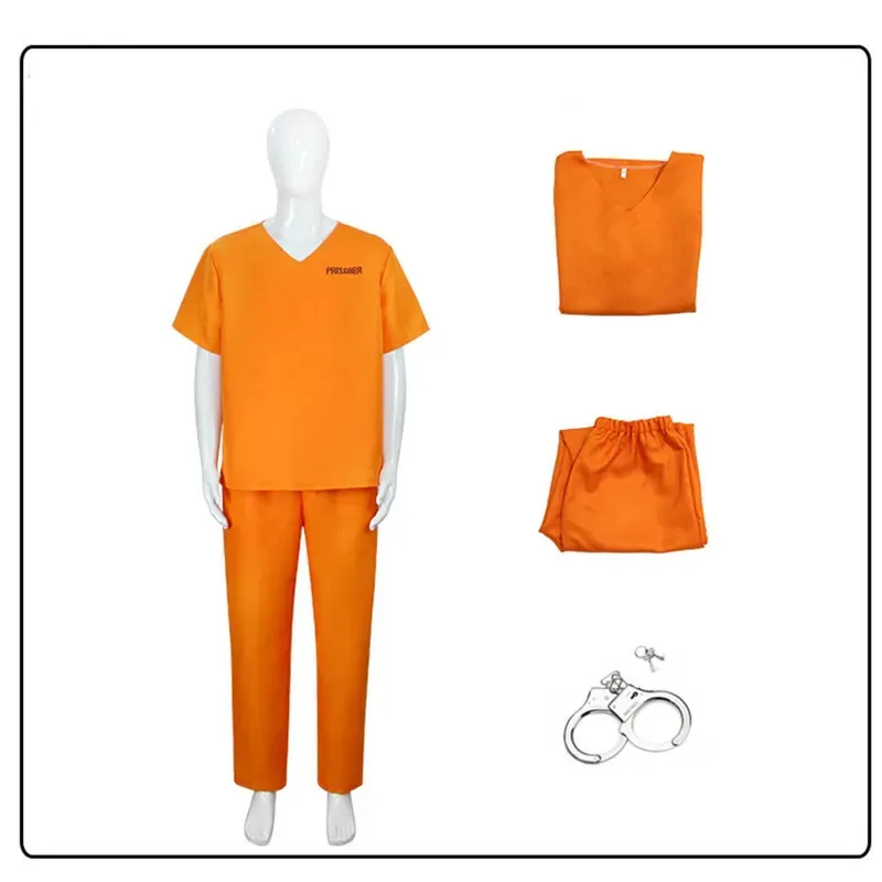 

Prisoner Cosplay Orange letter Printed Split Prison Uniform Costumes Halloween Adult Prison Uniform 3PCS Top+Pants+Accessories