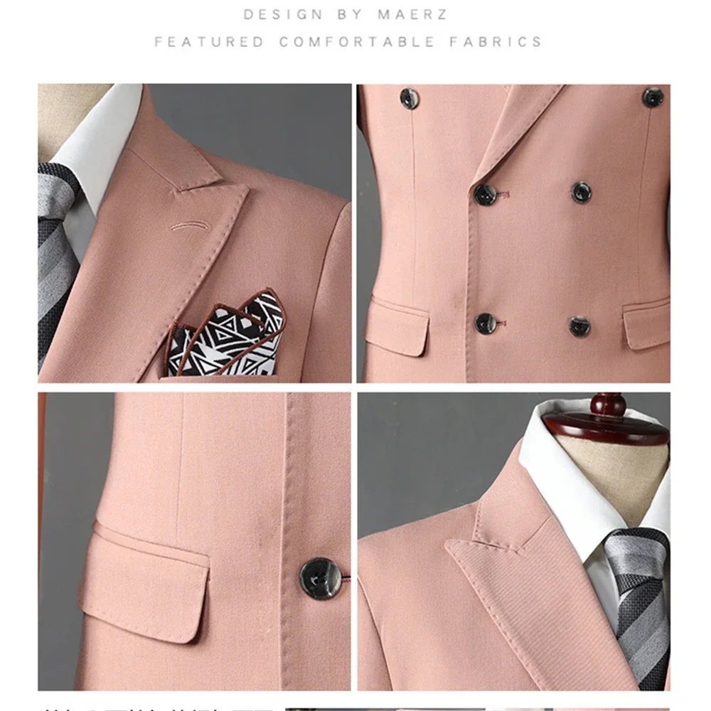 Men's Double Breasted Formal Suit Set, Jacket, Vest, Pant, Slim Fitting, Office Business Tuxedo, Autumn, Winter, Interview