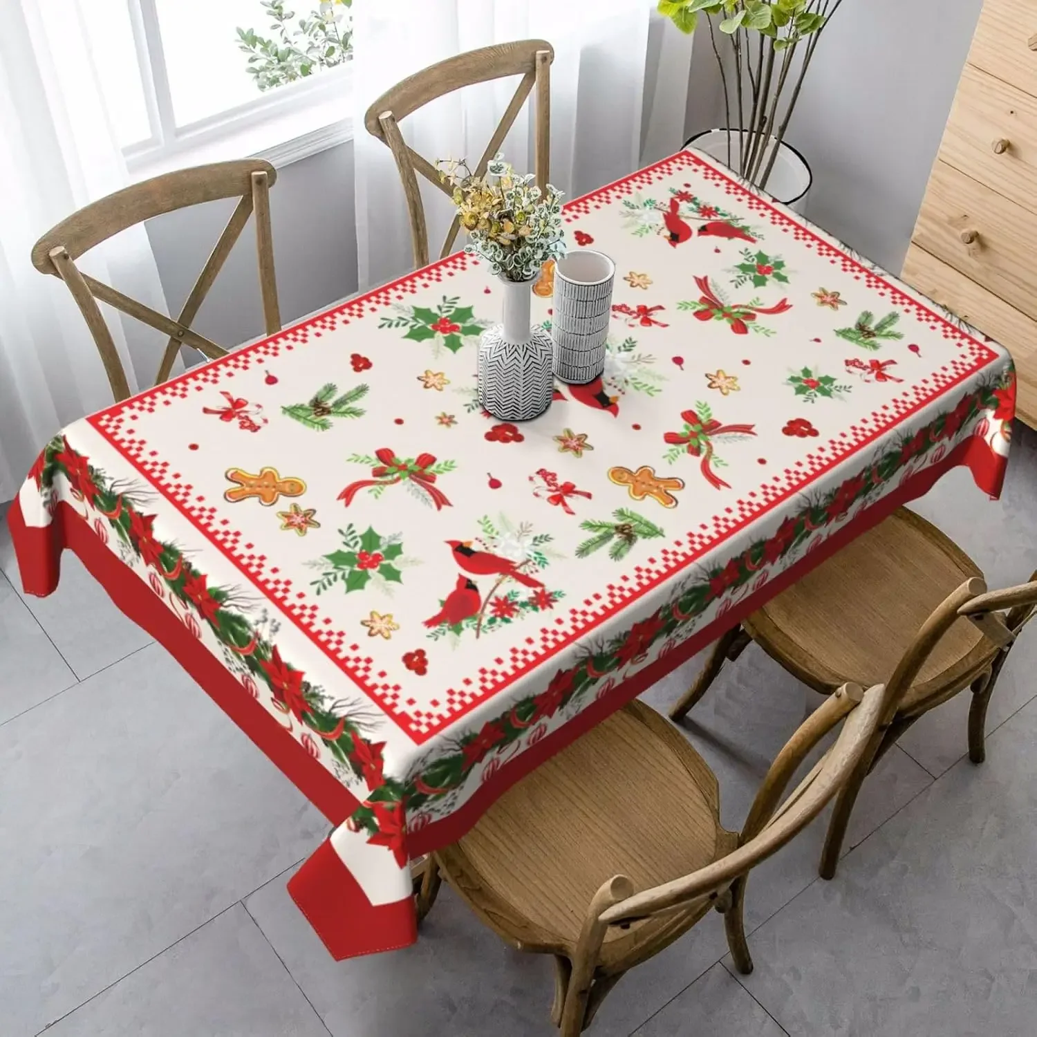 Christmas Poinsettia Rectangle Tablecloth Table Decor Reusable Winter Bird Gingerbread Dining Table Cloth Christmas Decorations