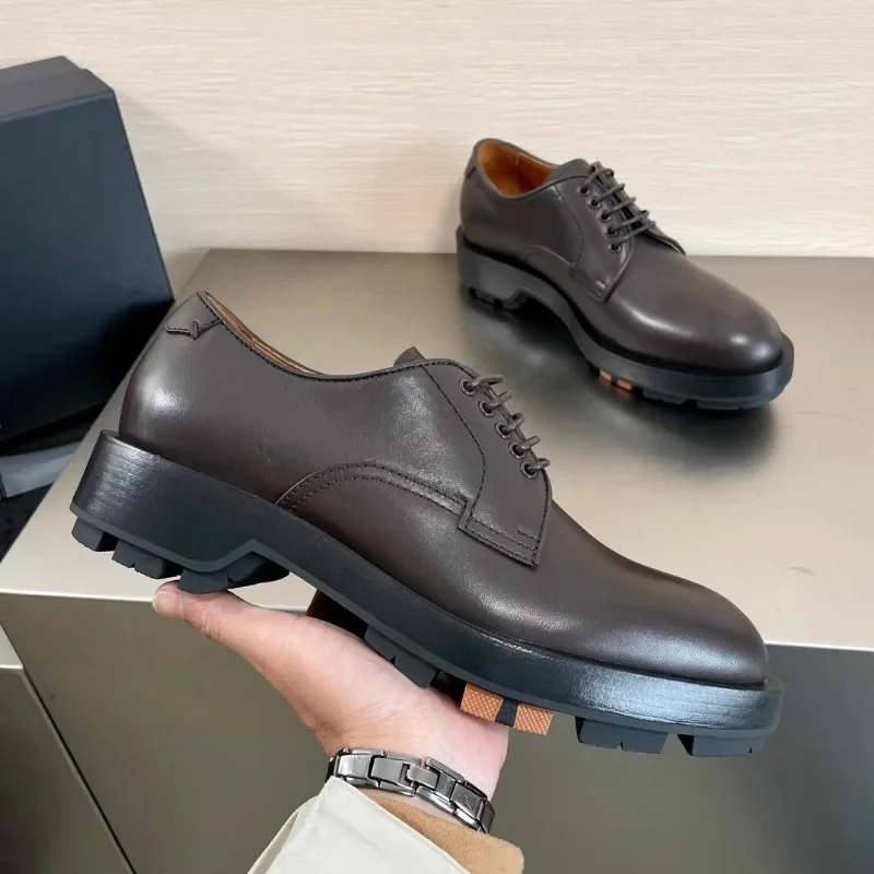 European Fashion Men Derby Shoes Genuine Leather Thick Sole Anti-slip Business Office Formal Shoes Luxury Wedding Shoes