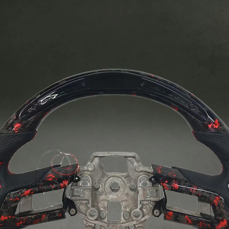 Red Forged Carbon Fiber Steering Wheel for Mustang 2015 2016 2017 2018 2019 2020 with LED Display Thumb Patch with Flat Bottom view 2