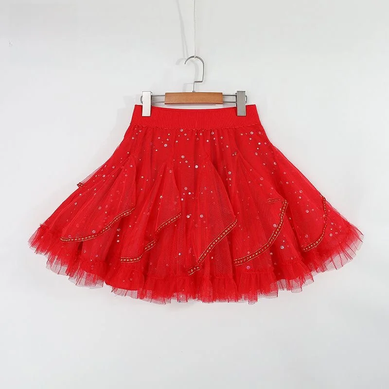Puffy Half Skirt Large Size Slimming Base Skirt Square Dance Original Design 2024 Dancing Short Skirt Three Step Red Skirt