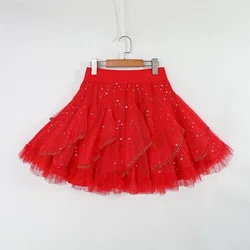 Puffy Half Skirt Large Size Slimming Base Skirt Square Dance Original Design 2024 Dancing Short Skirt Three Step Red Skirt