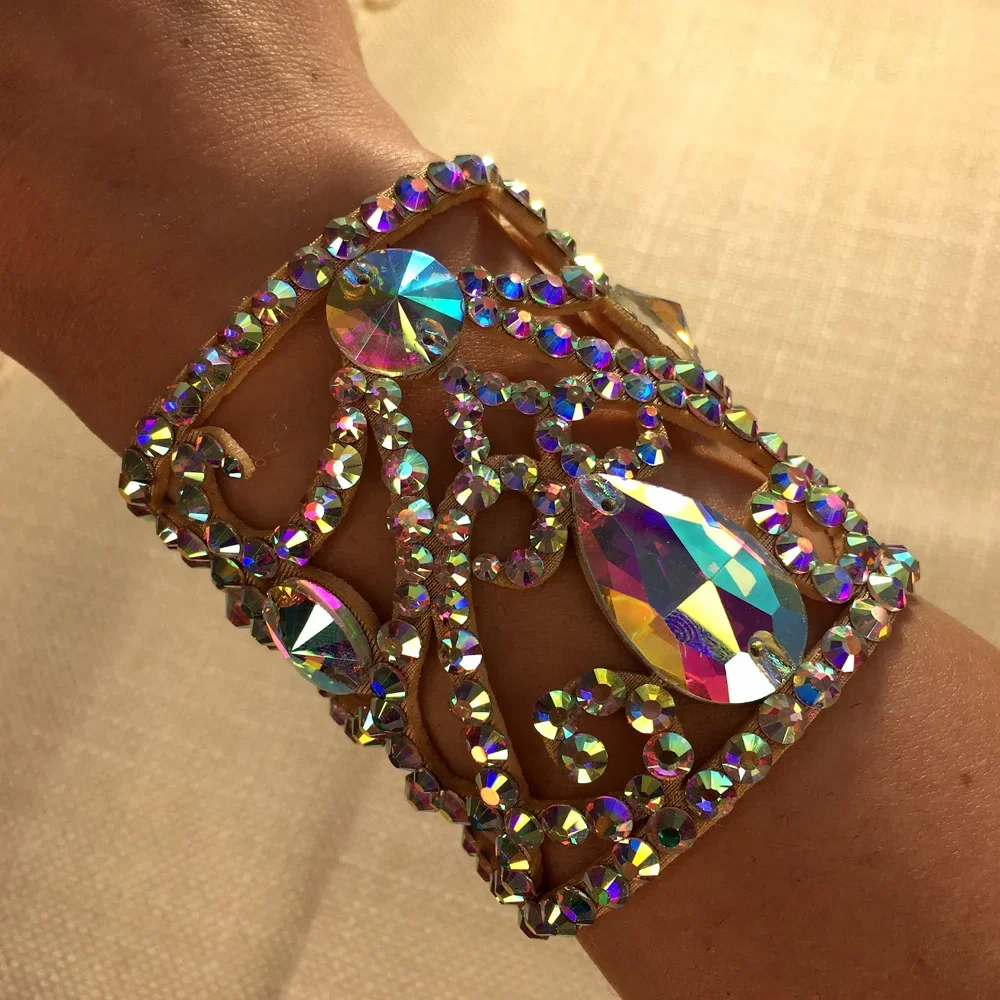 Colorful Crystal Belly Dance Bracelet Bangle Indian Hand Accessories Performance Show Geometric Rhinestone Bracelet for Women