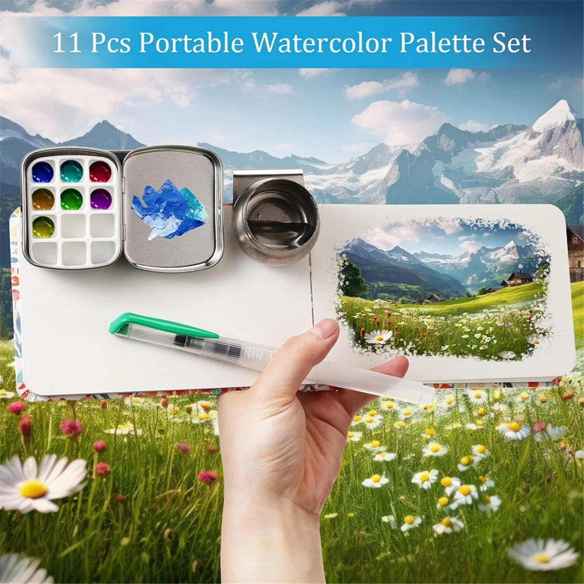 M21K 11 Piece Tin Box, 12 Empty Watercolor Palettes, Artist Brushes with Protective Case, Sketching Watercolor Kit