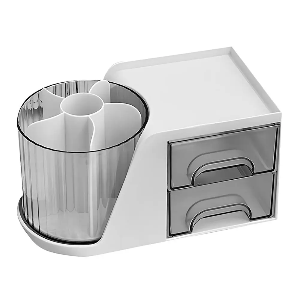 

360 Degree Rotatable Large Capacity Drawer Pen Holder White Student Desk Organizer Storage Solution Office Supplies