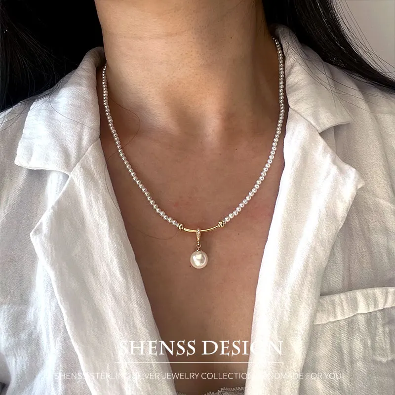 Ultimate Temperament 3/4mm Shell Pearl Pendant Necklace for Women  40-60cm Length+5cm Copper Plated 14k Gold Tail Chain