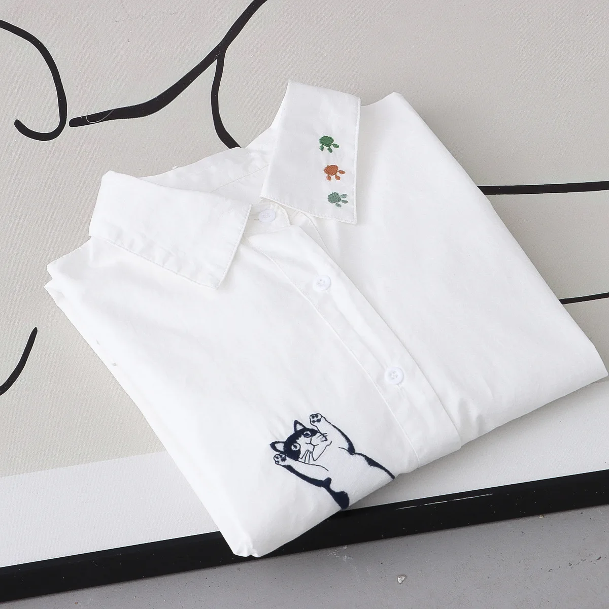 New Summer Cotton Long Sleeve White Shirt Lapel Cartoon Embroidery Top Girl Sweet Casual Loose Blouse 2024 Autumn T46286QM