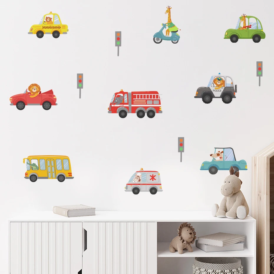 

Cartoon City Animal Cars Self-adhesive Wall Stickers for Nursery Baby Bedroom Eco-friendly Decal Kindergarten Removable Sticker