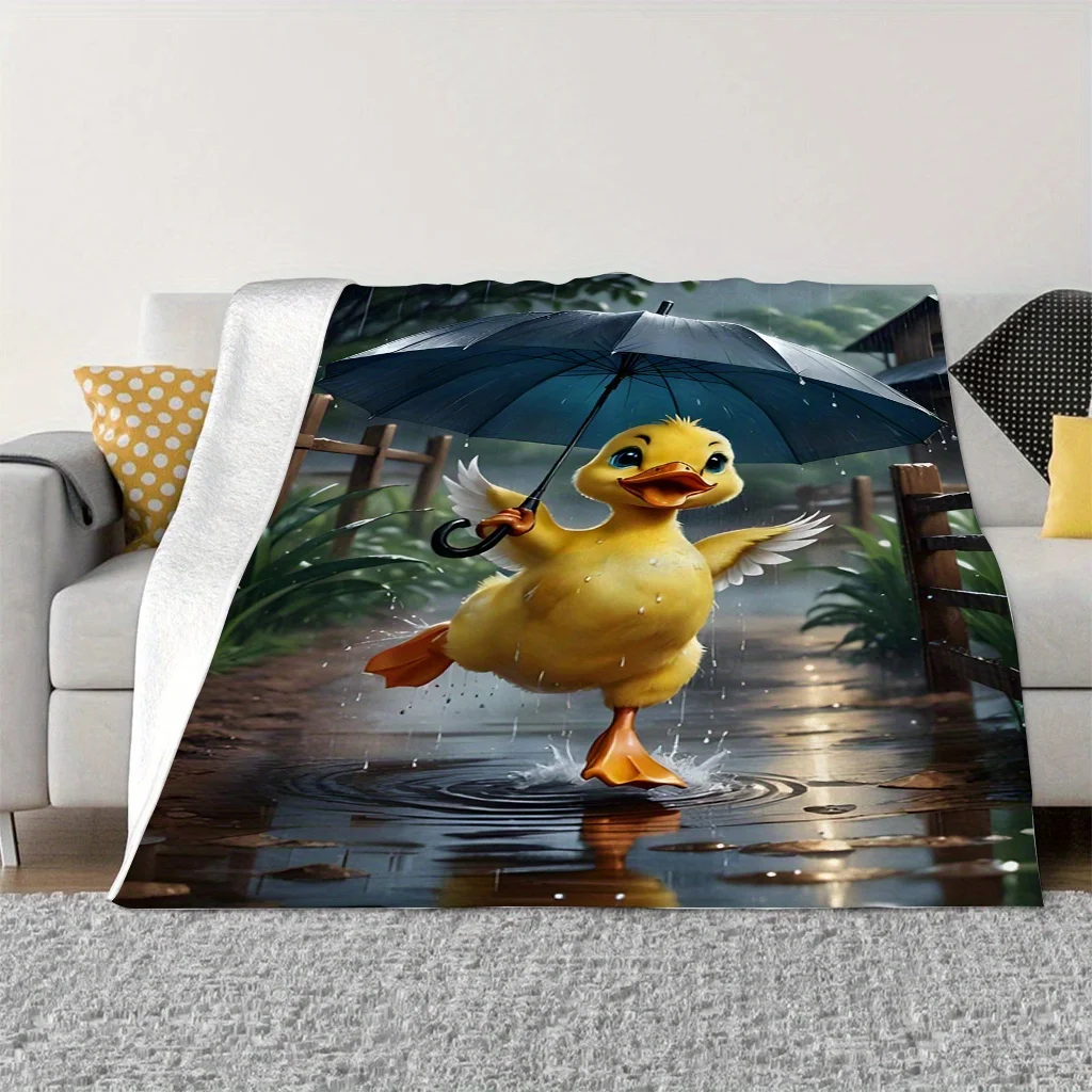 little duck is holding an umbrella Flannel printed blanket suitable for all seasons suitable for living room office sofa travel