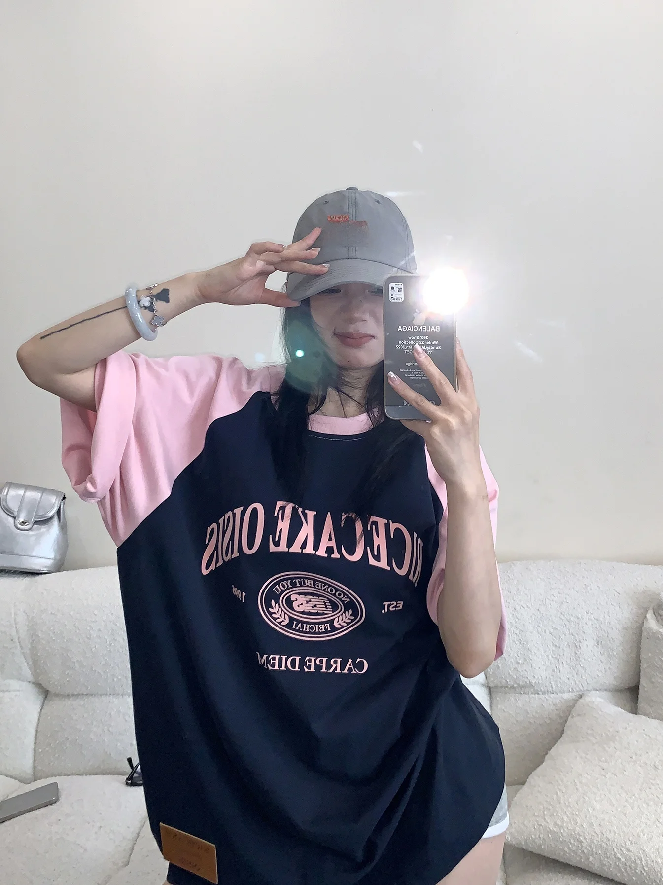 

Oversize Casual Cotton ort Sve T-irt Women's Chic American Retro oulder Pad Color Blo Print Lazy Leisure Top