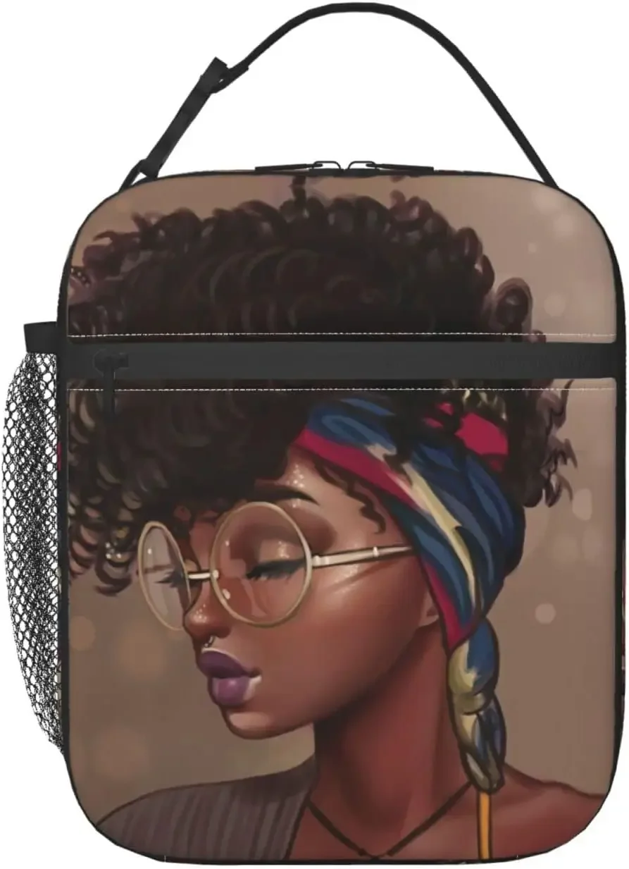 African American Afro Woman Lunch Bag Portable Insulated Lunch Box Women Reusable Thermal Bento Bags for Travel Picnic Work