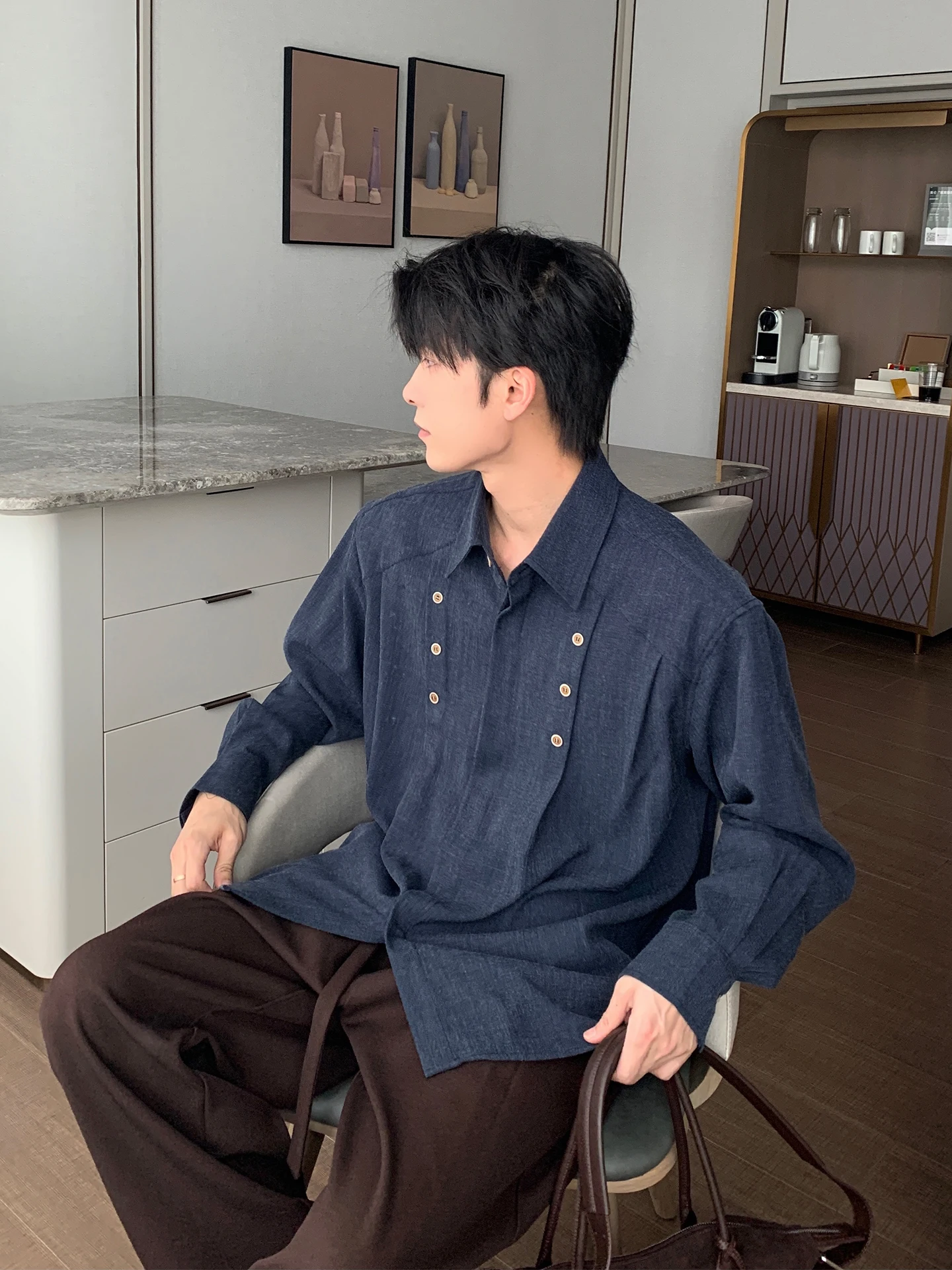 Men's 2025 Autumn New High-End Trendy Button Decoration Shirts Men's Long Sleeve Shirt Male Loose Comfort Lapel Solid Color Tops