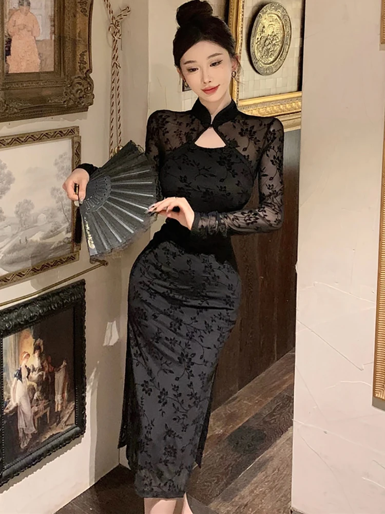 Autumn Winter Black Floral Patchwork Mesh Sheer Sexy Long Dress Women Korean Vintage Hepburn Dress 2024 Elegant Luxury Vestidos