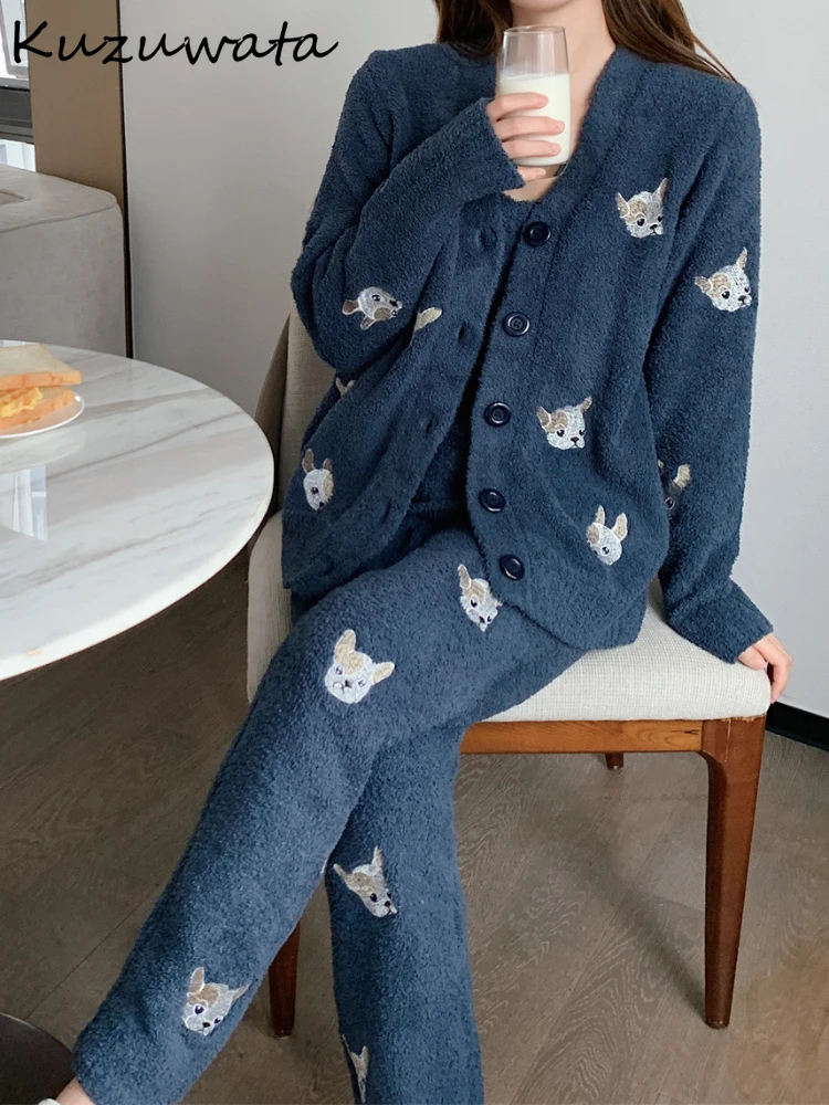 Kuzuwata Simple V Neck Long Sleeve Cartoon Sleepwear Embroidery Velvet Warm Print Dog Pajamas Japan Lovely New Winter Pajama