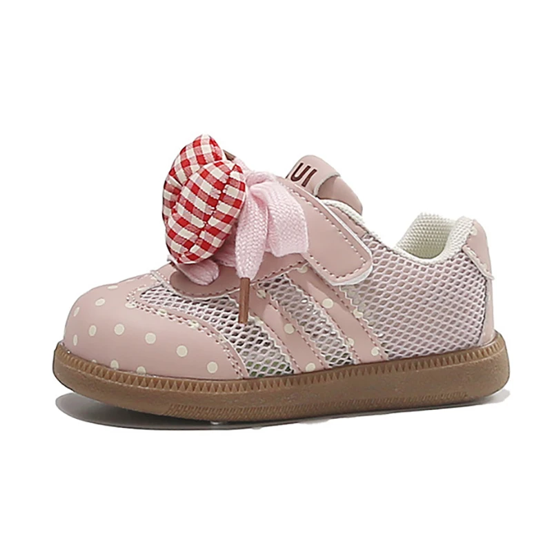

2026 Spring Summer Kids Casual Shoes Girls Plaid Pattern Big Bow Mesh Hollow Sneakers Princess Shoes