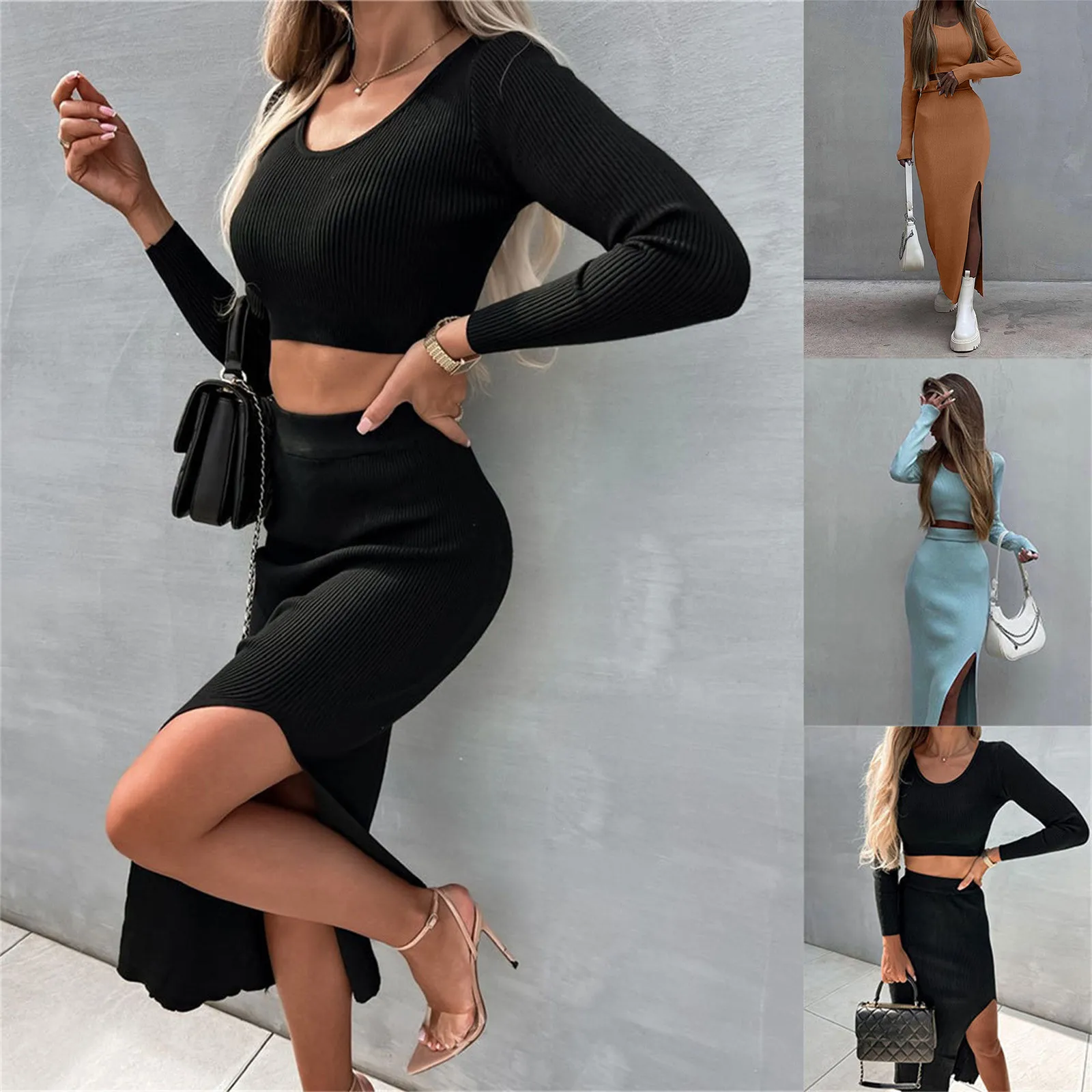 Women Knitted Sweater Skirt Suit Fashion Long Sleeve Sexy Slim Crop Tops Long Split Skirt Dress Two Piece Sets Winter