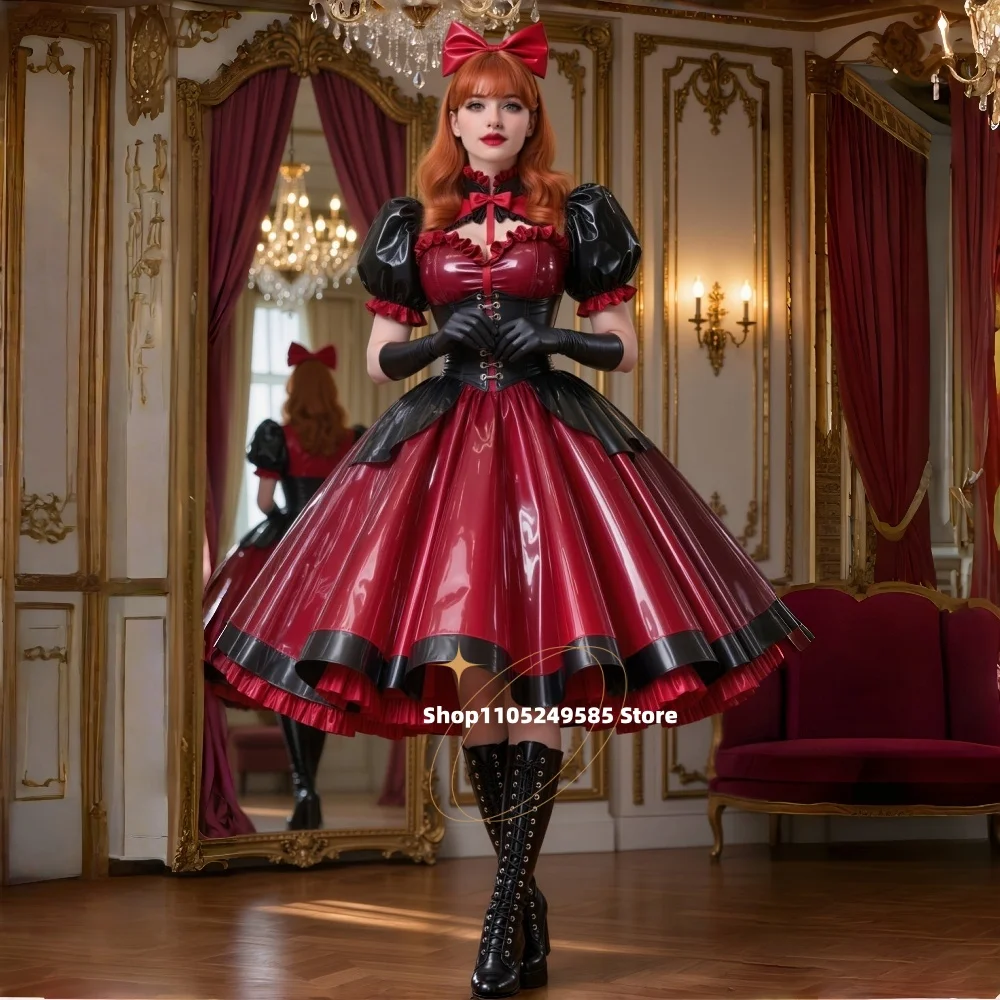 Vintage viktorianisches Ballkleid in Schwarz und Burgunderrot, glänzendes PVC-Abendkleid, Puffärmel, Tee-Länge, Lolita-Cosplay-Kostüm, individuell gestaltet