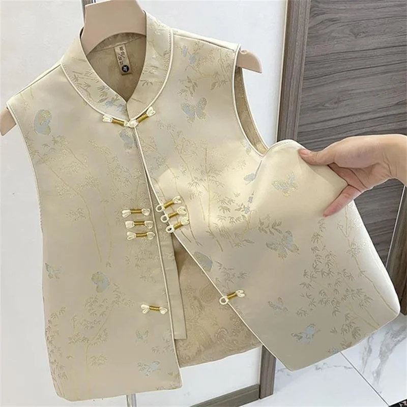 중국 스타일 조끼 자켓 여성용 봄 가을 2025 신상 민소매 코트 신상 버클 얇은 조끼 여성 패션 가디건 탑