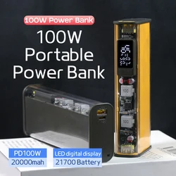 Bateria Punk transparente para laptop, bateria DIY, carregamento rápido, caixa do banco de potência, tela de exibição LED, PPS 100W, 20000mAh, PD100W, 21700