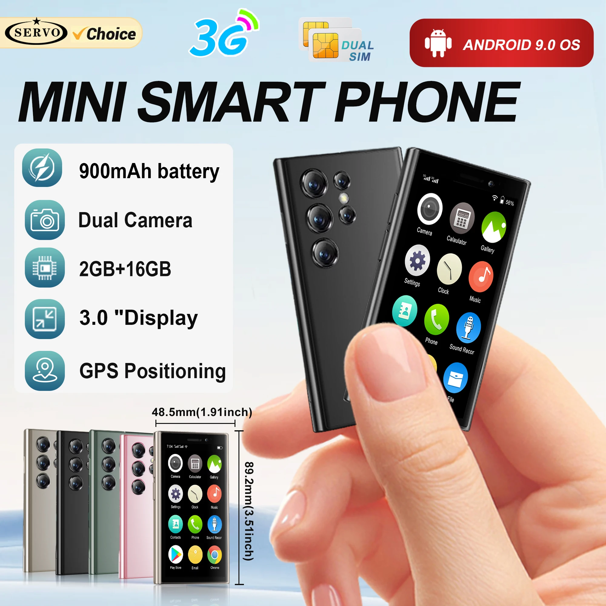 

SERVO 3.0" Mini Smart Phone Dual SIM Android 9.0 2GB 16GB Memory Face Unlock Play Store WiFi 3G Small Moblie Phone for Backup
