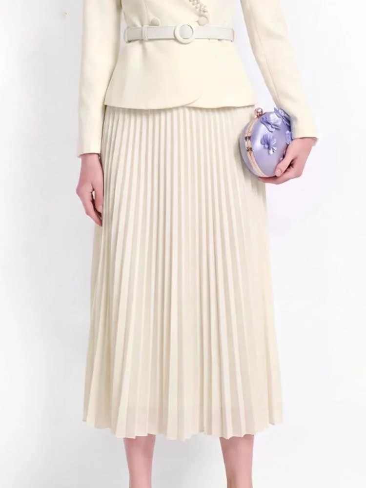 Office Lady Skirt Suit Pearl V-neck Double Breasted Slim Top With Belt+High Waist Pleated Skirts Autumn Elegant 2 Piece Set