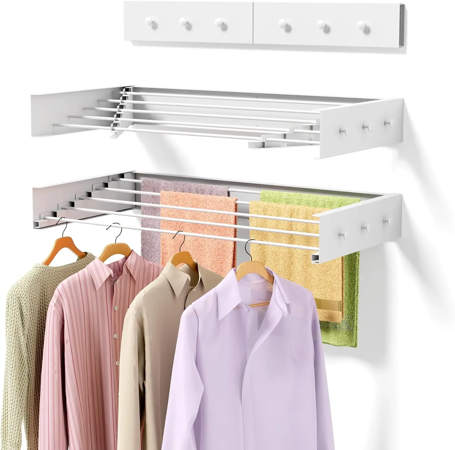 

Foldable Wall-Mounted Drying Rack, 31.5" with 5 Aluminum Rods & 6 Hooks, Space-Saving White Laundry Hanger for Bathroom