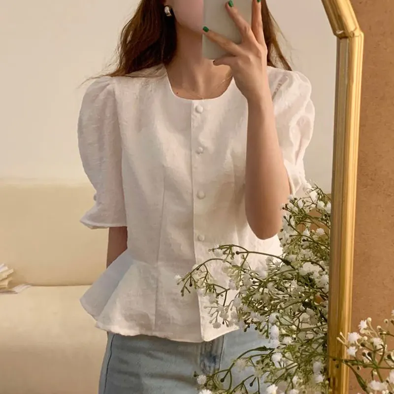 

Japan Style Cute Ruffled Peplum Tops Sweet Summer Chic Girls Transparent Solid Color Shirt Women Slim Waist Top Blouses 2024 New